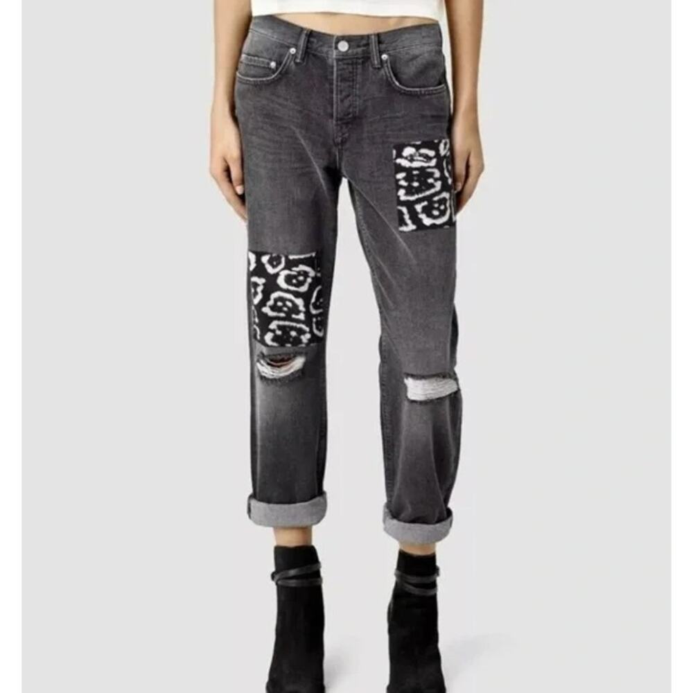 All Saints Womens Boys Fit Patchwork Distressed Mid Rise Button Up Stretch Jeans